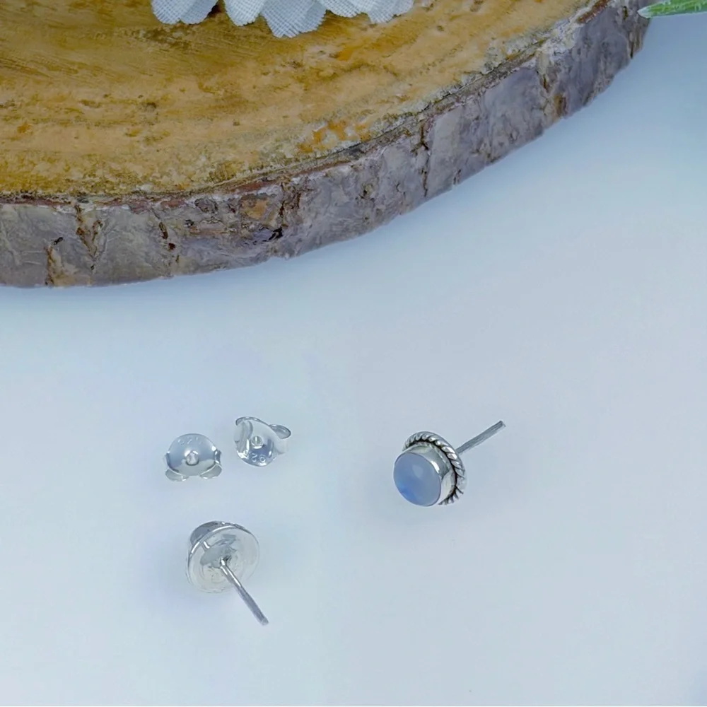 Pure Sterling Silver 925 Blue Rainbow Moonstone Stud Earrings Boho Southwest New - Picture 7 of 8